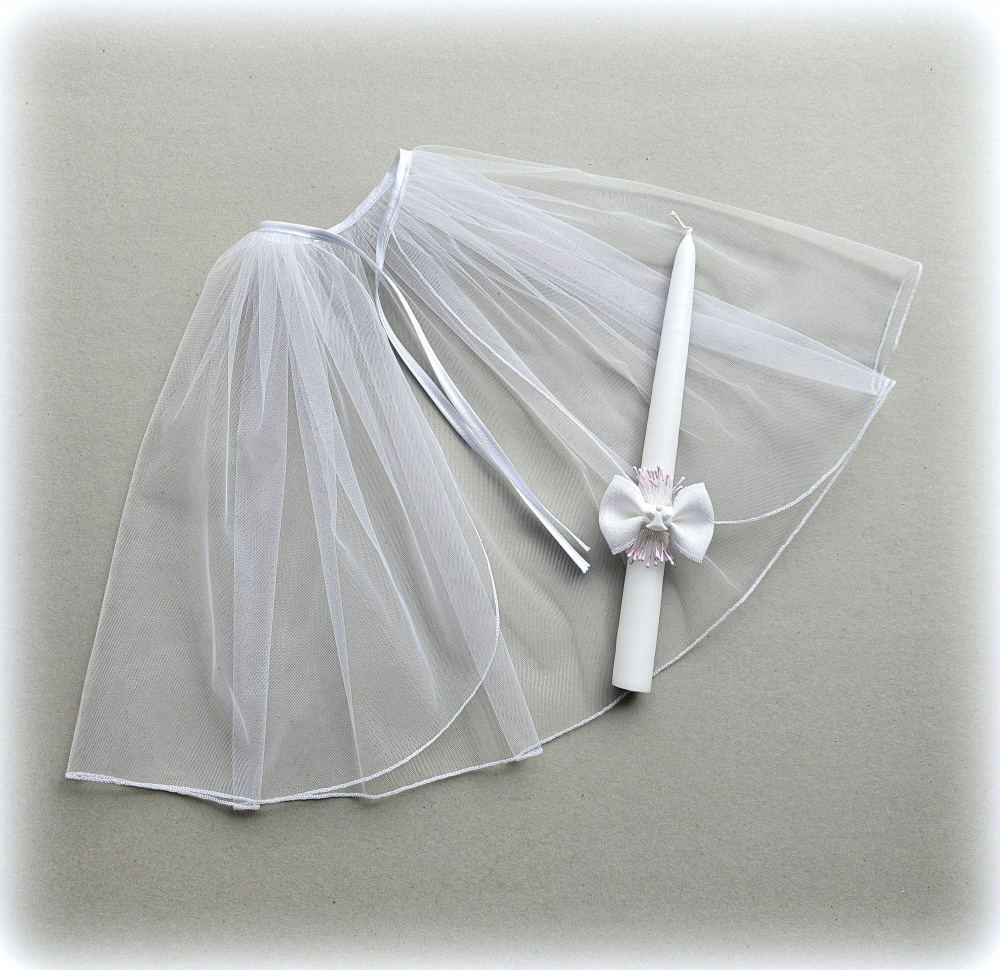 Krikštynų rubeliai: krikštynų skraistė ir žvakė, palinkėjimų