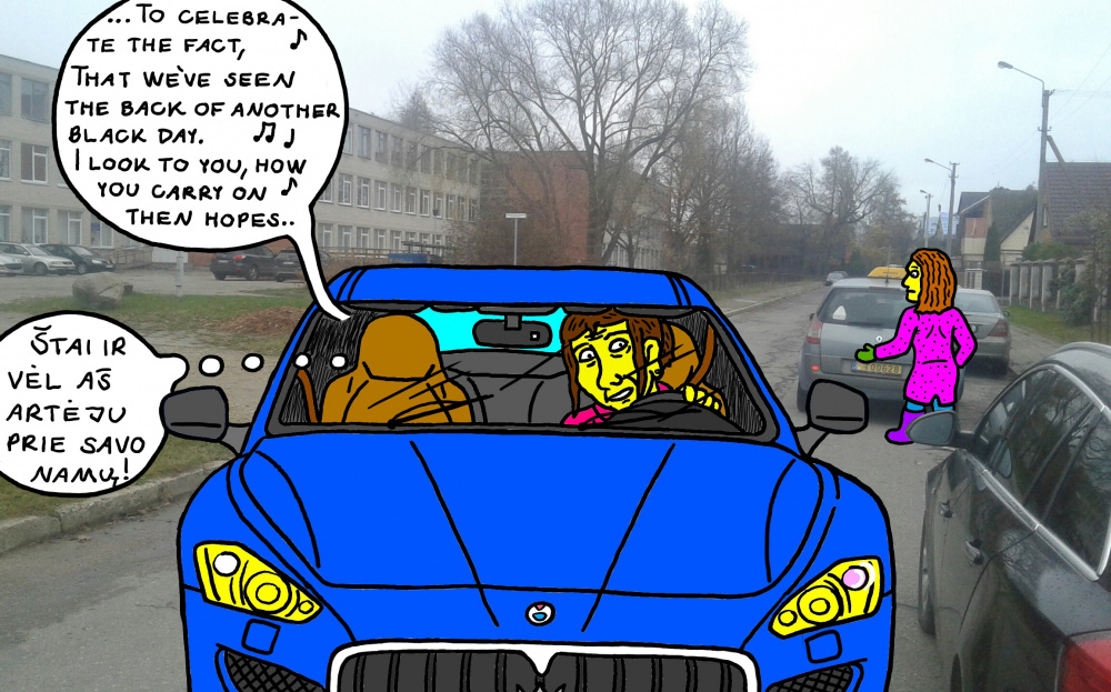 Archeologė Luna parvažiuoja gatve namo su savo nuosavu automobiliu "Maserati"