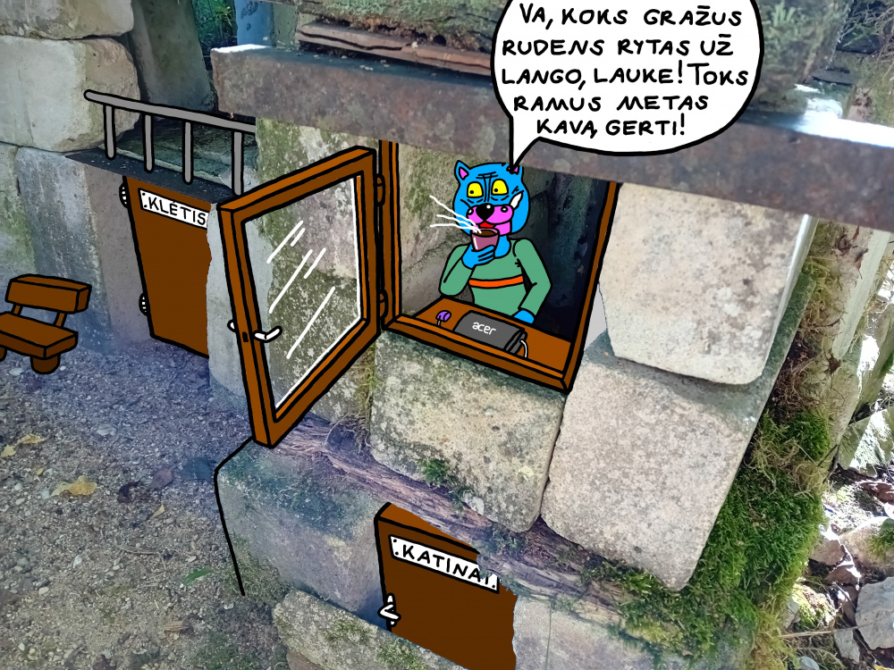 Batuotas Katinas namuose geria kavą prie atviro lango - taip atrodo tikrovėje