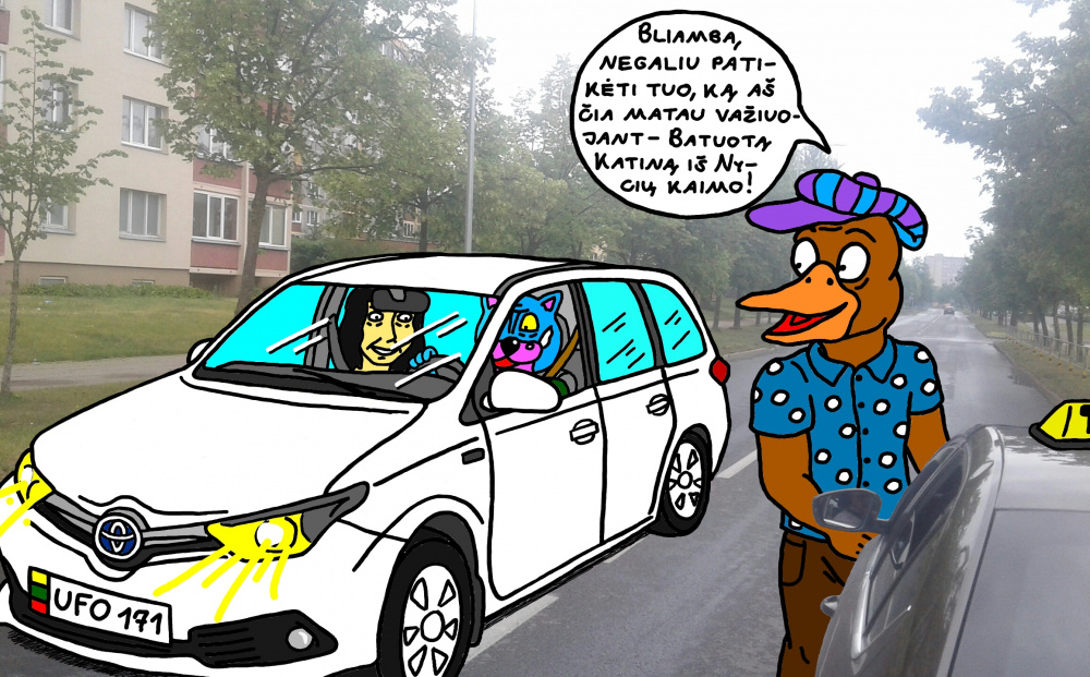Batuotas Katinas Panevėžyje su "Toyota Auris" lekia gatvėje pro pat taksistą Pitą