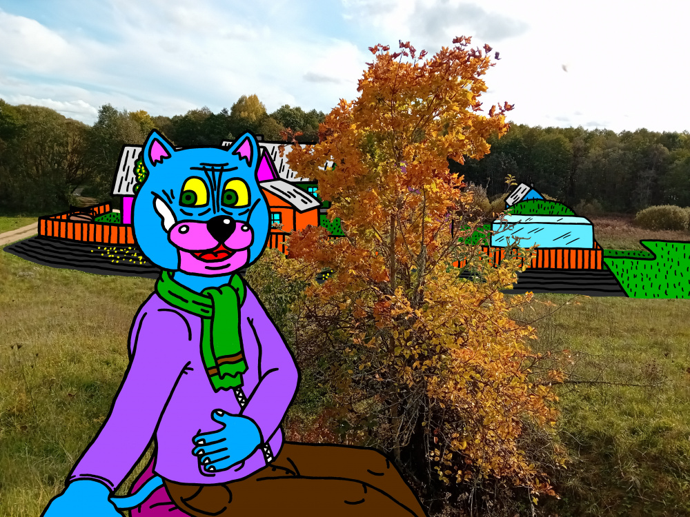 Batuotas Katinas ramią rudens dieną leidžia slėnyje, šalia "Papyvesio" sodybos