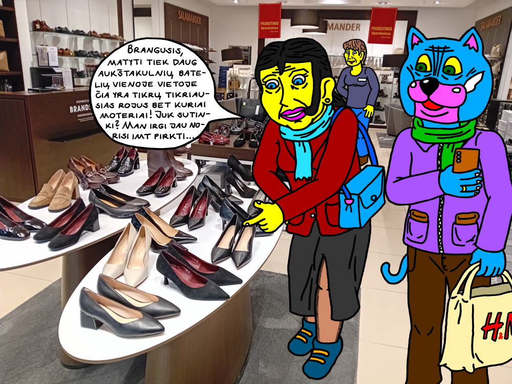 Batuotas Katinas stovi šalia žmonos Ksenos parduotuvėje, kol ji čia renkasi batelius