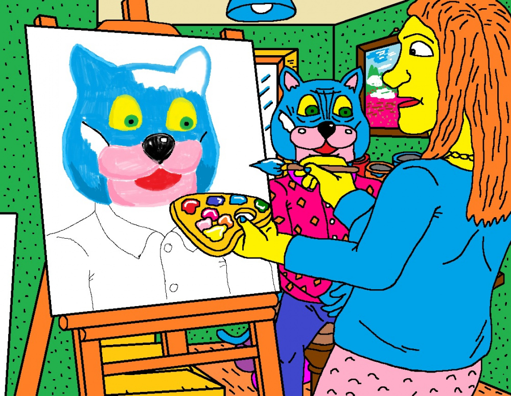 Batuotas Katinas svečiuodamasis dailininkės Elegijos namuose buvo jos nutapytas paveiksle