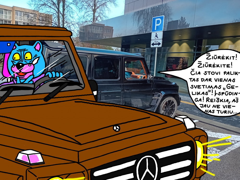 Batuotas Katinas, važiuojantis su "Geliku", pamato mieste stovintį kitą, svetimą "Geliką"