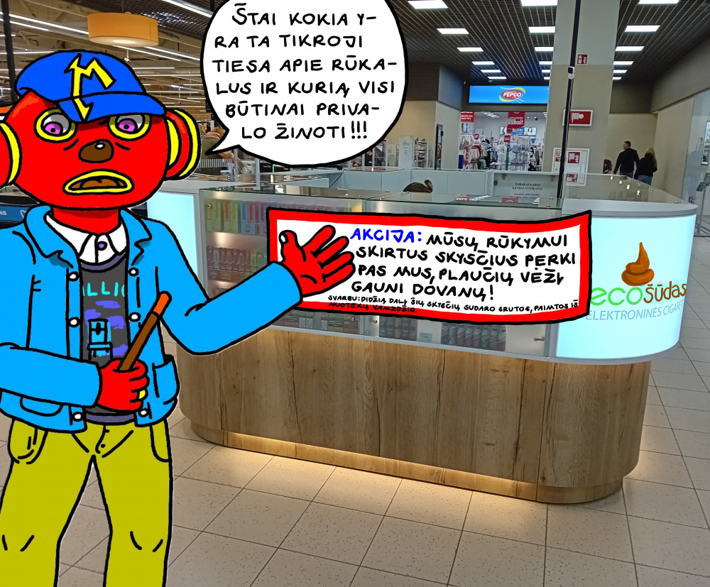 Burtininkas Tukurutis prekybos centre parodo visiems, ką cigarečių prekybos vietoje iš tiesų su jomis parduoda