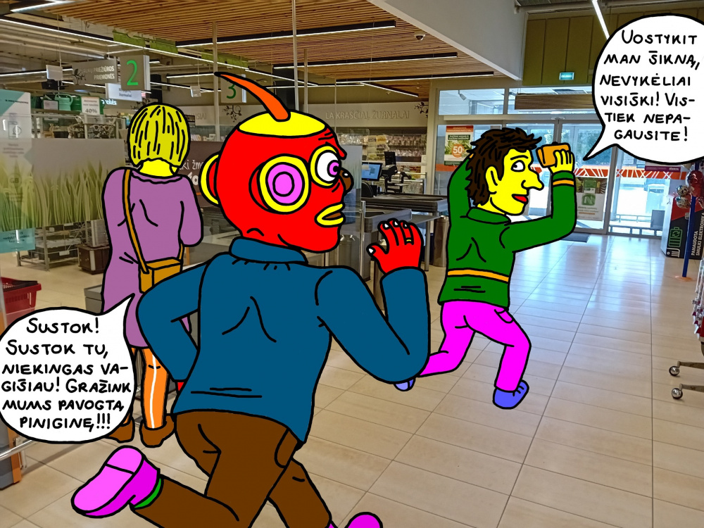 Burtininkas Tukurutis vejasi piniginę pavogusį vaiką per prekybos centrą Kupiškyje