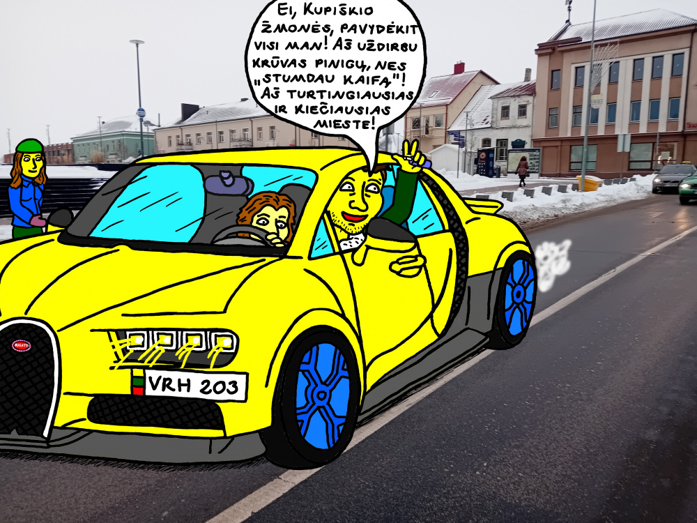 Chuliganas Redas važiuoja per Kupiškio miestą, vairuodamas savo prabangų "Bugatti"