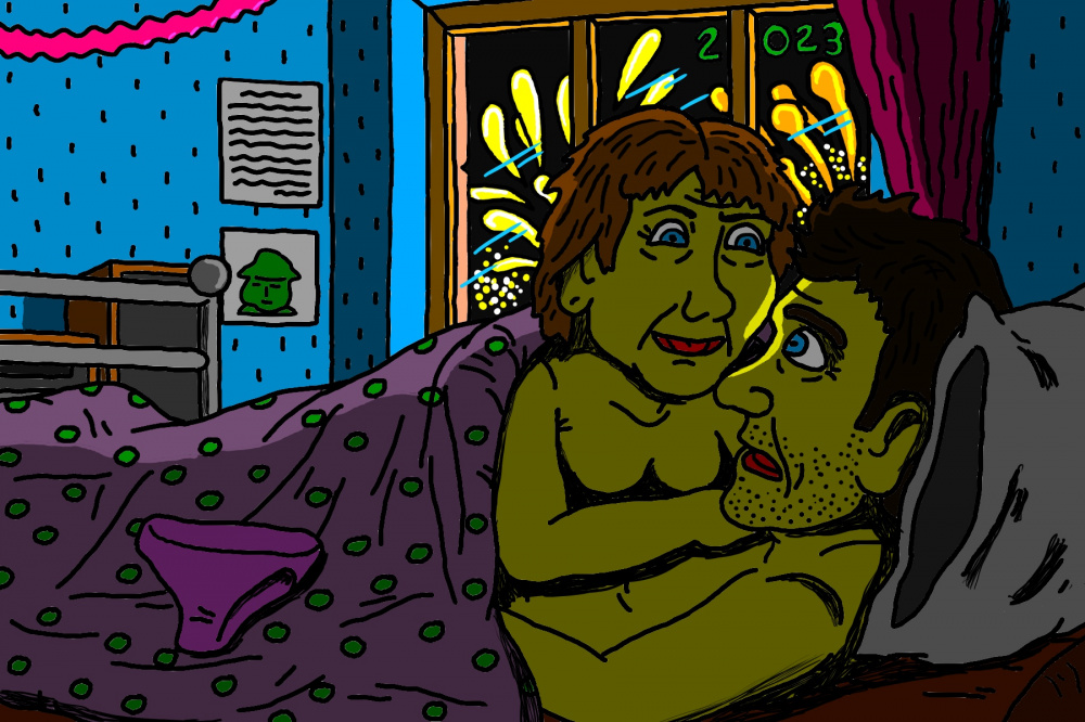 Davatka Vida Lajūnienė su draugu Rimviu lovoje gulėdami sutinka atėjusius Naujuosius metus