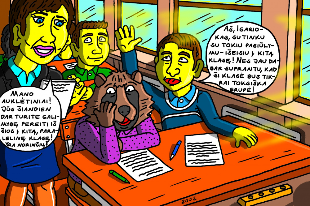 Ingridos nekenčiamas mokinys Usūrinis ir jo klasiokas Igariokas sėdi savo klasės suole pirmą dieną