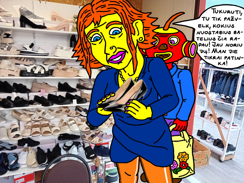 Irena Kosmonautienė Panevėžio turguje išsirinko sau naujus aukštakulnius batelius