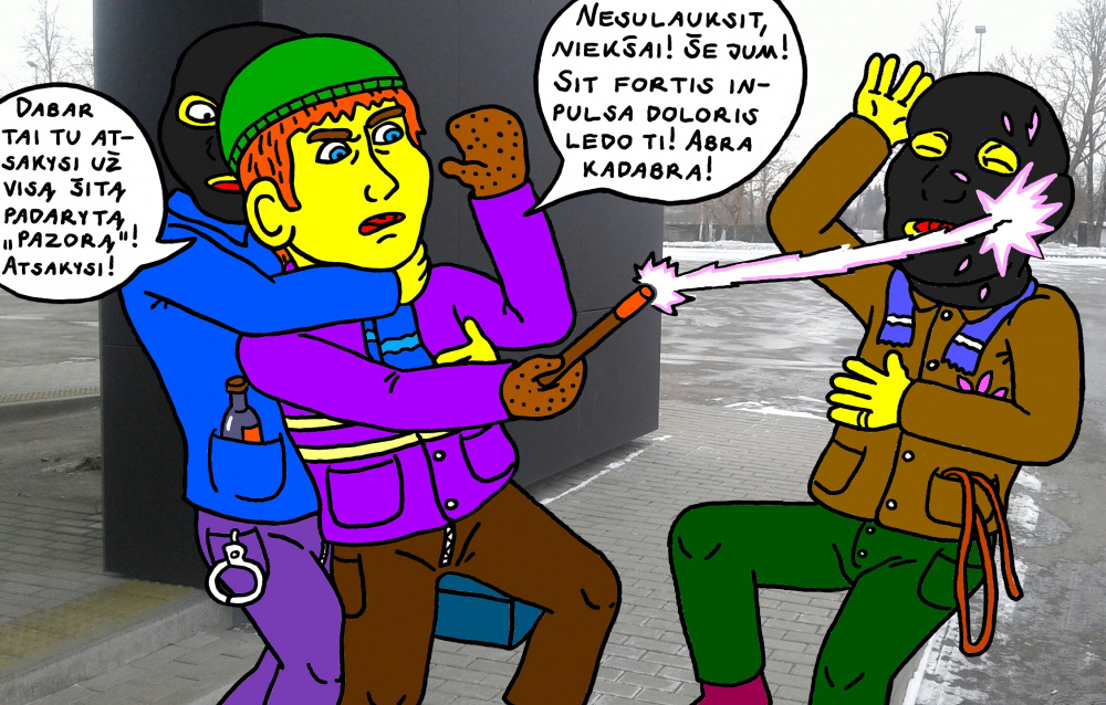Jaunasis burtininkas Larnetas prie autobusų stoties su burtais ginasi nuo užpuolikų