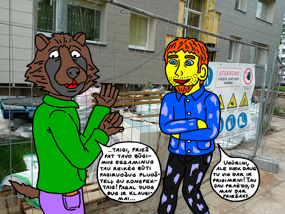 Jaunasis burtininkas Larnetas prie savo remontuojamo pastato susitinka pasikalbėt su Usūriniu