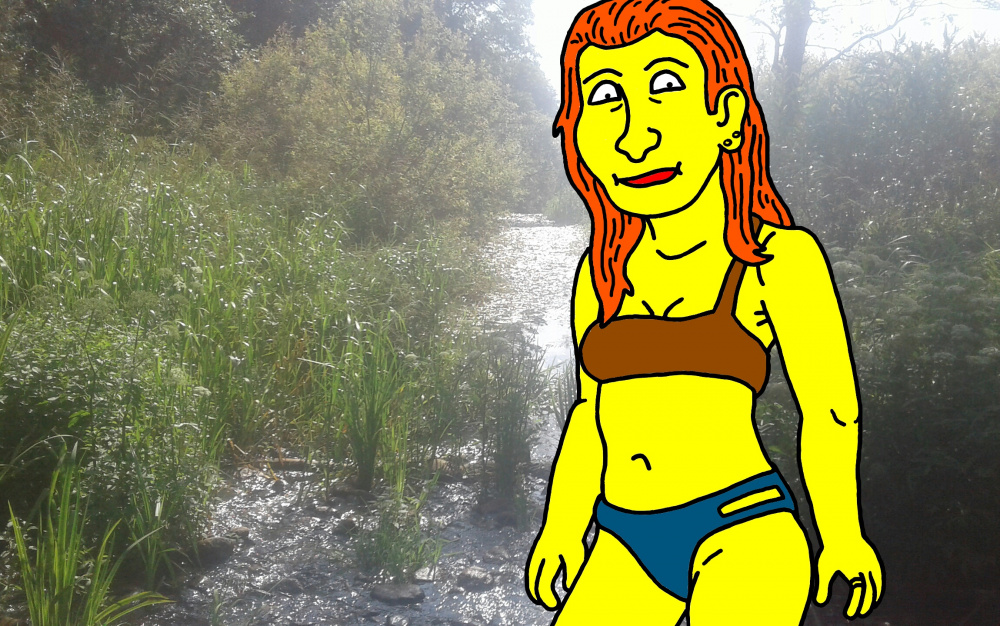 Jaunoji meno kuratorė Elegija Fromičiutė nuoga eina maudytis Pyvesos upėn