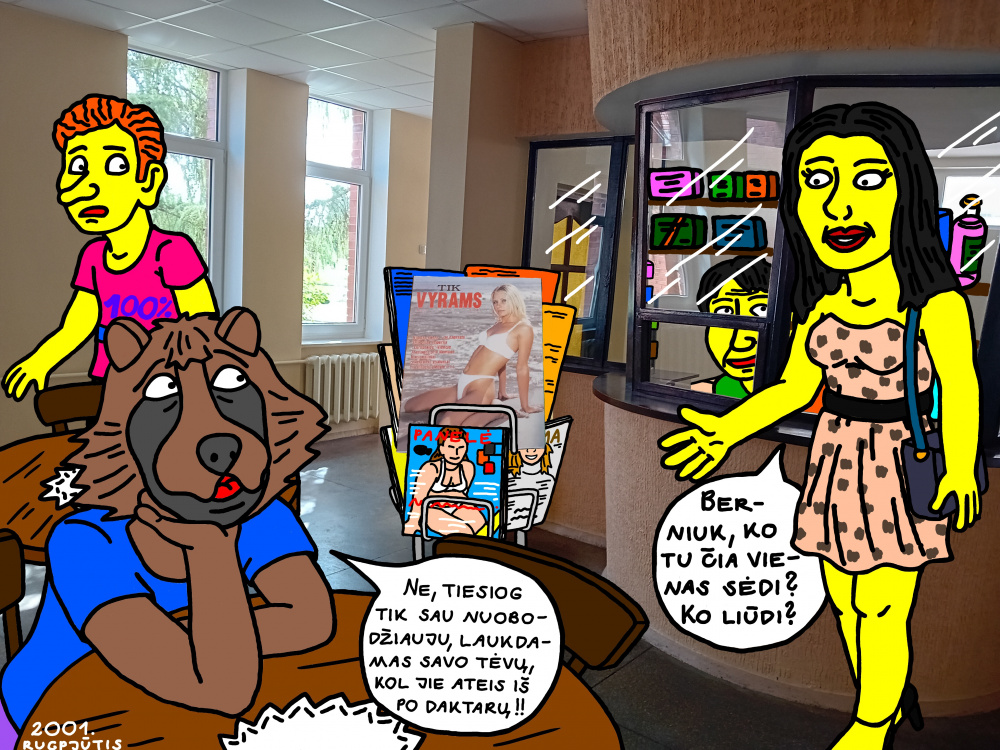 Kaimietis mokinys Usūrinis Kumštis Kupiškio Poliklinikos bufete iš tolo stebi padėtą prekiauti "Tik vyrams" žurnalą