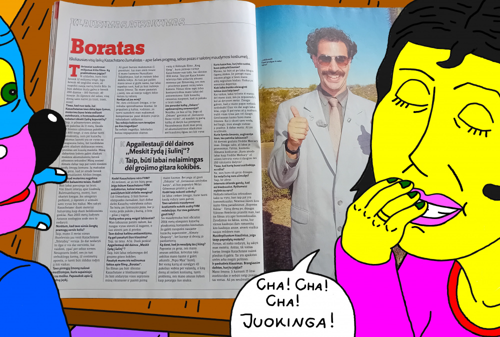 Katinų pora drauge juokiasi iš interviu su Boratu, išspausdinto vyrų žurnale "FHM"