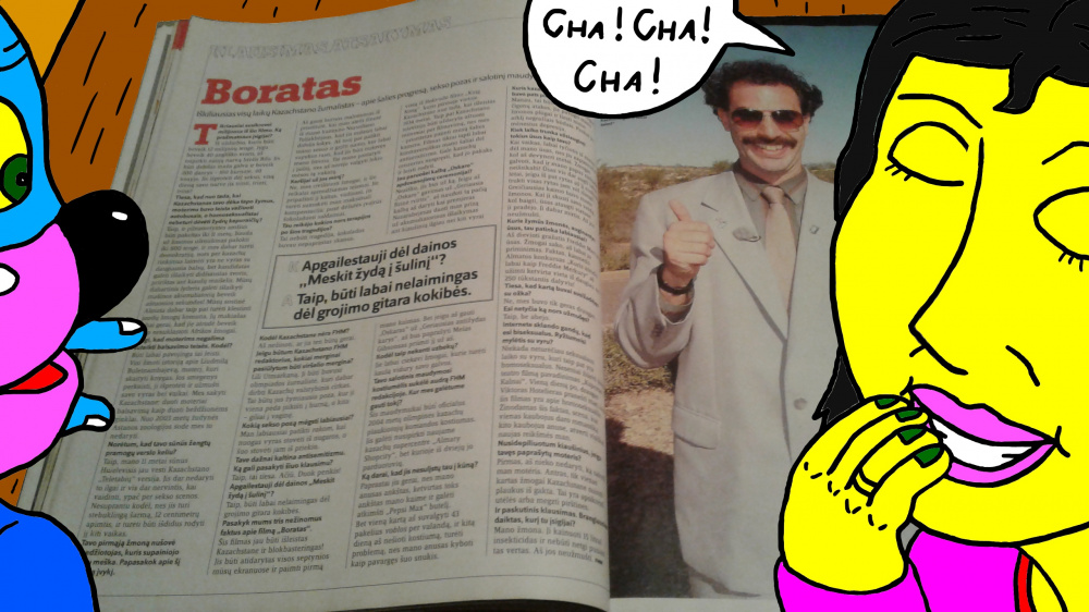 Katinų pora drauge juokiasi iš interviu su Boratu, išspausdinto žurnale "FHM"