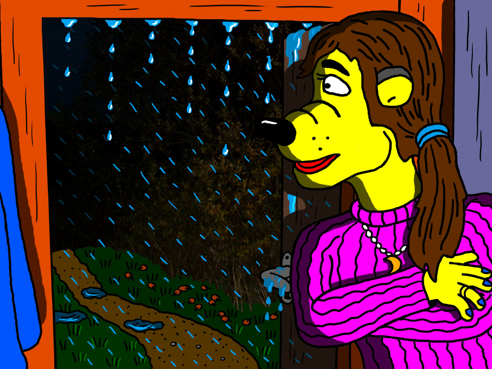 Katinų "Papyvesio" sodyboje, lietui lyjant, prižiūrėtoja Diana žvelgia pro atdaras duris į kiemą