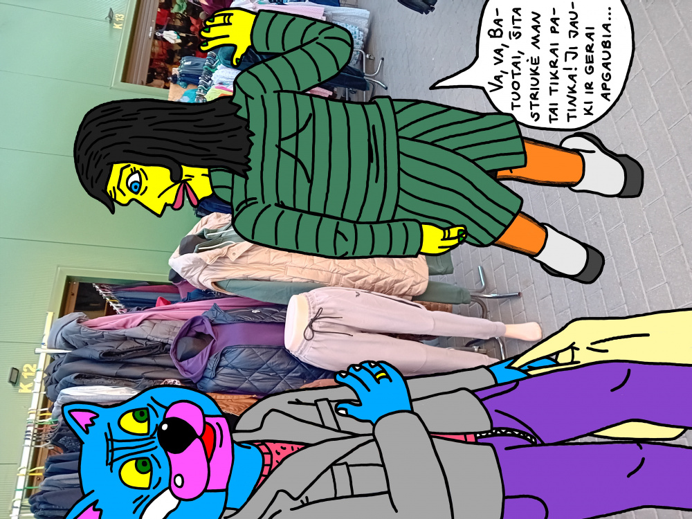 Ksena Katinienė savo vyro Batuoto akivaizdoje Panevėžio turguje matuojasi naują striukę