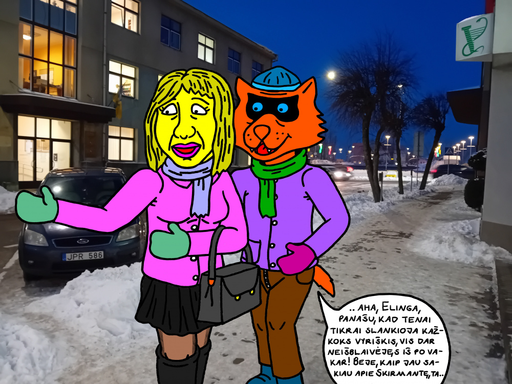 Mėlynakis Lakišius ir Elinga ankstų žiemos šaltą rytą dviese vaikštinėja po Kupiškį