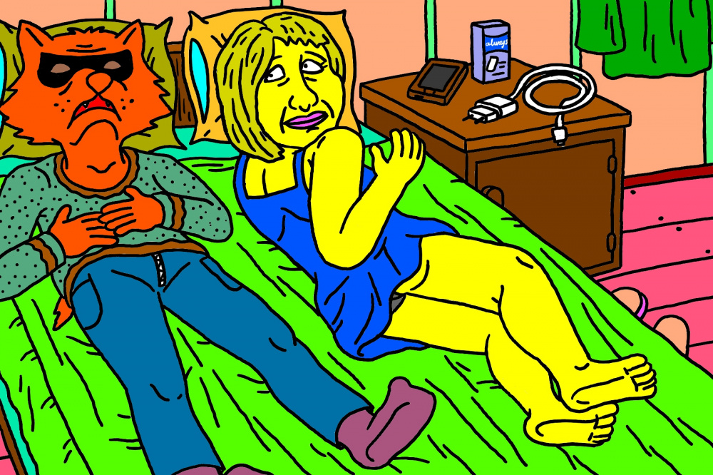 Mėlynakis Lakišius ir Elinga guli jos lovoje prieš pat nakties miegą dviese