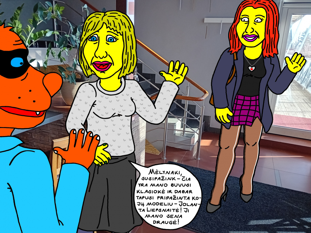 Mėlynakis Lakišius ir Elinga kavinėje susipažįsta su Elingos drauge ir kojų modeliu Jolanta