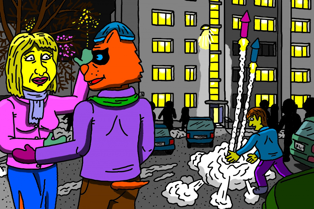 Mėlynakis Lakišius ir Elinga Kupiškyje, prie pat Elingos namų sutinka Naujuosius metus