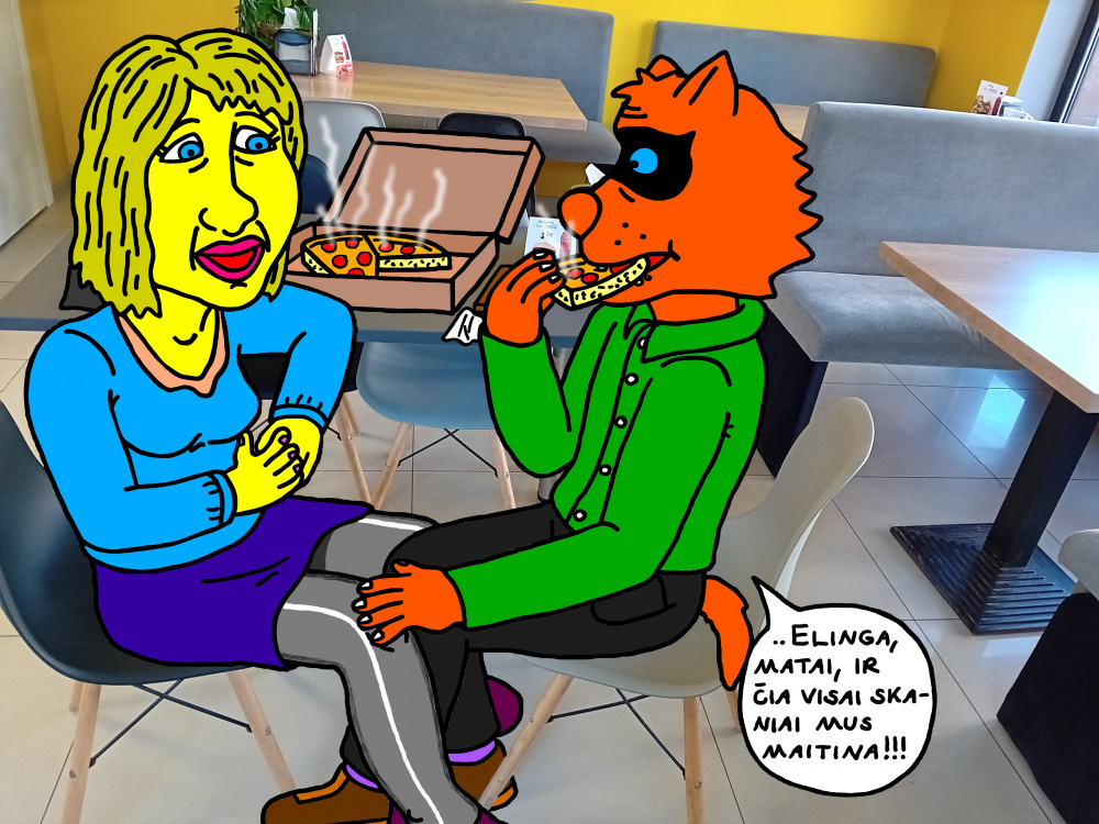 Mėlynakis Lakišius ir Elinga mėgaujasi pica sėdėdami dviese kavinėje prie staliuko