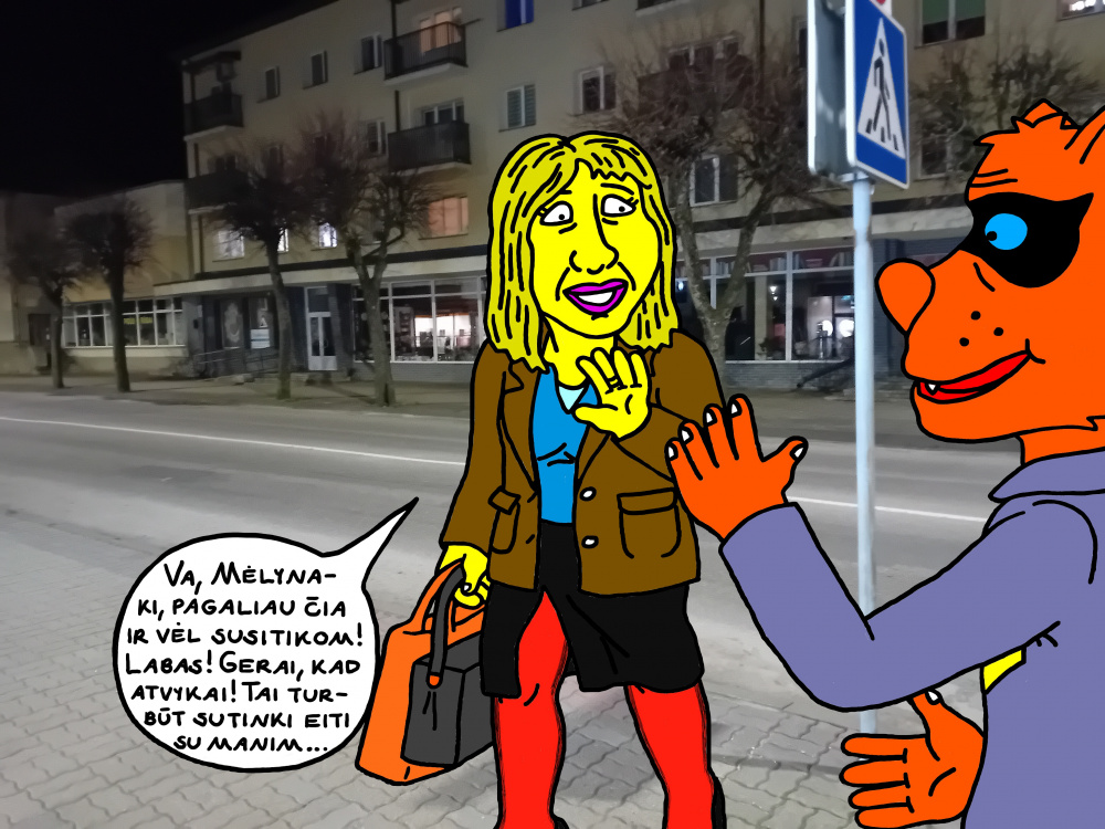 Mėlynakis Lakišius ir Elinga susitinka Kupiškio mieste jau visai sutemus vakarui