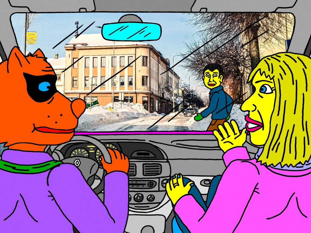 Mėlynakis Lakišius ir Elinga važiuoja Kupiškio centrine gatve su Mėlynakio automobiliu