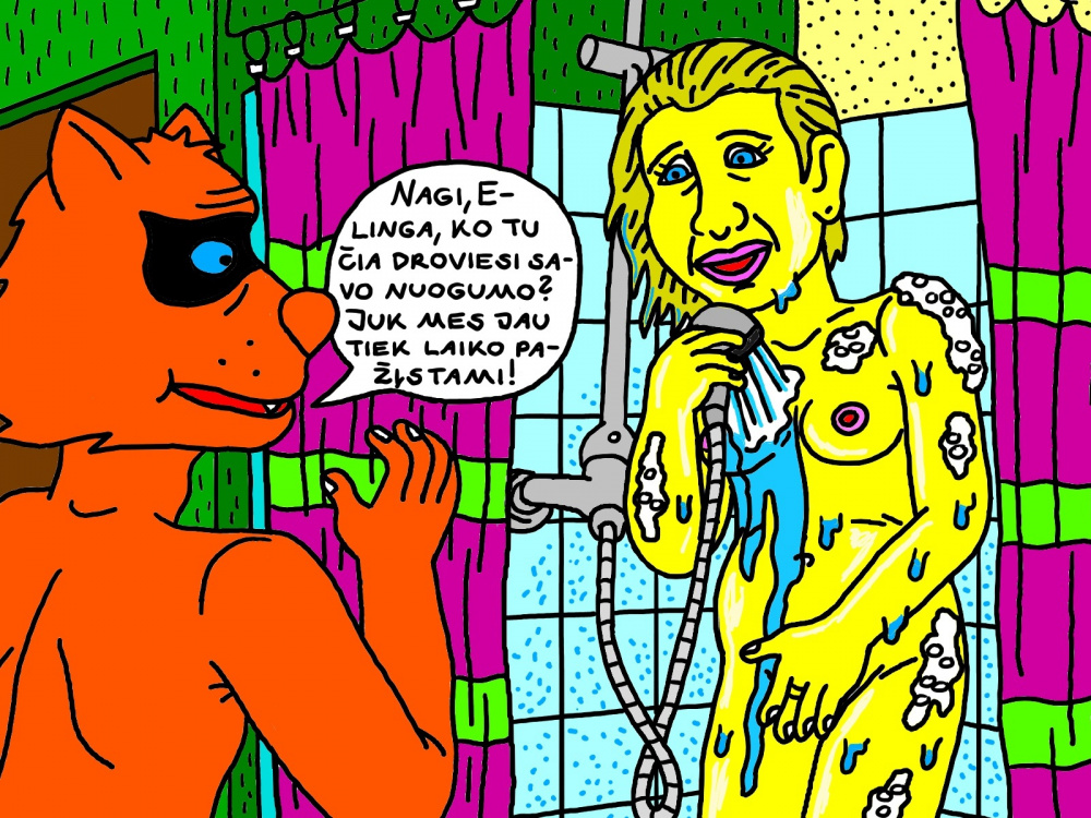 Mėlynakis Lakišius stebi, kaip Elinga maudosi duše būdama visiškai nuoga