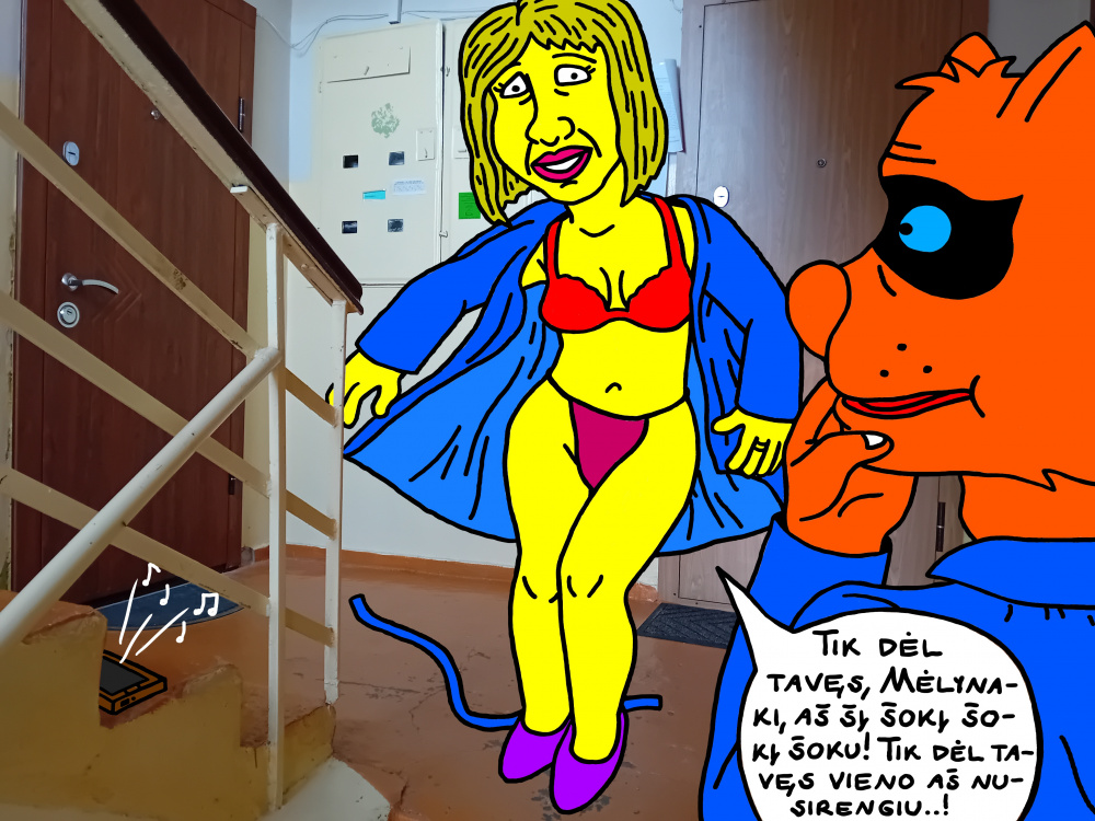 Mėlynakiui Lakišiui jo draugė Elinga laiptinėje prie savo buto šoka viliotinį