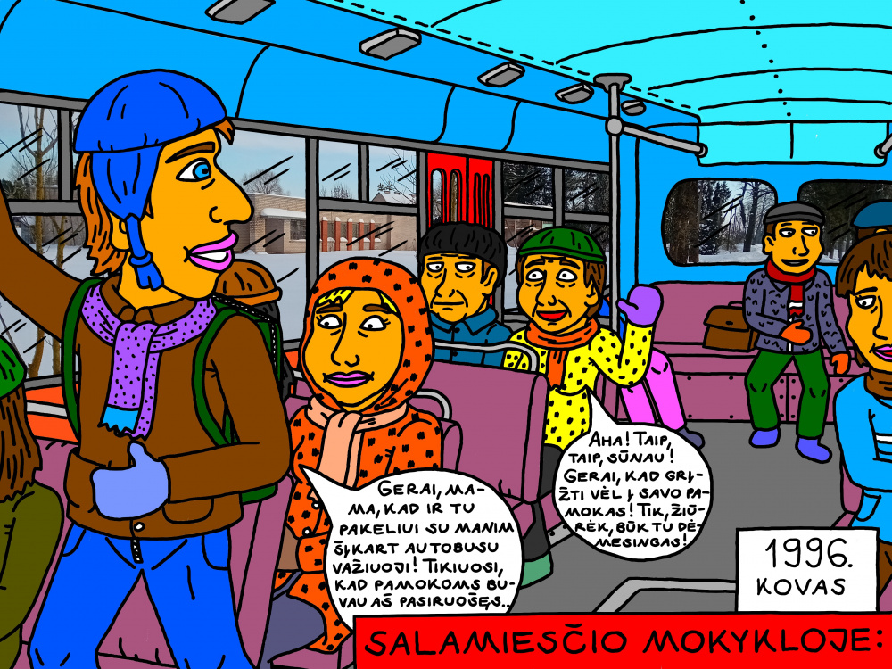 Mokyklinis Salamiesčio prisiminimas apie važiavimą su rajono autobusu per Bakšėnus, link mokyklos su kitais mokiniais ir mama
