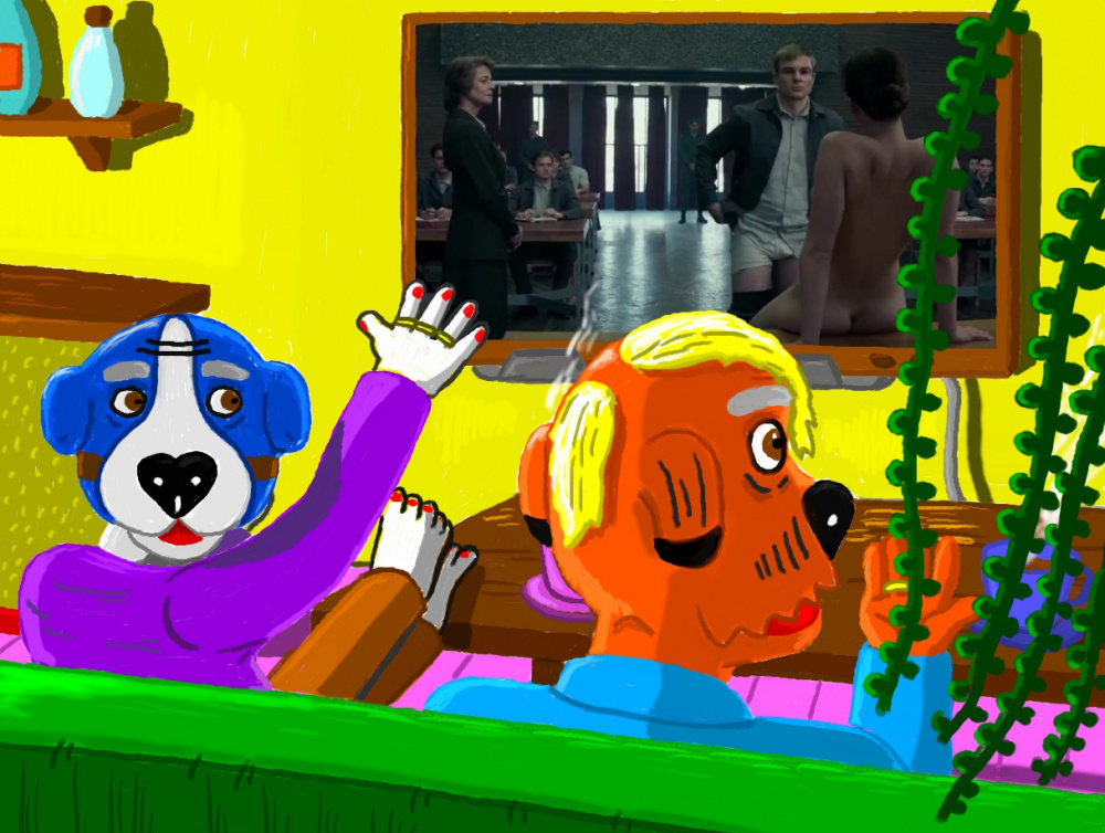 Musė ir Pupsis Šunėnai namie per televizorių žiūri filmo "Raudonasis žvirblis" erotinę sceną