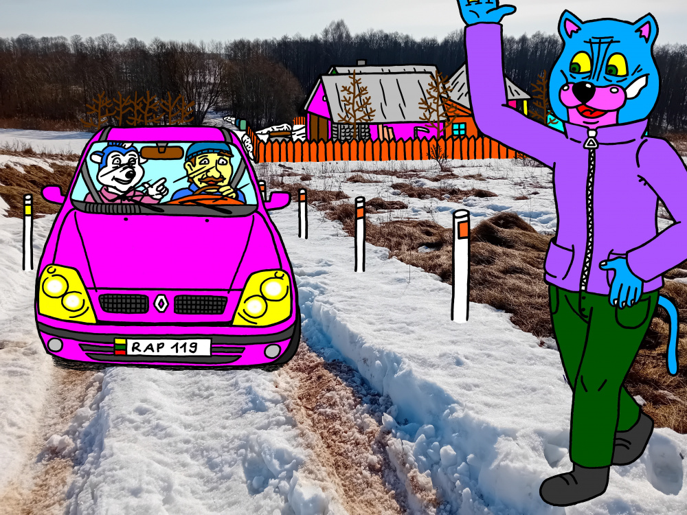 Nuo "Papyvesio" sodybos pusės į kalvą kyla prižiūrėtojų vairuojamas automobilis ir jį pamato Batuotas Katinas