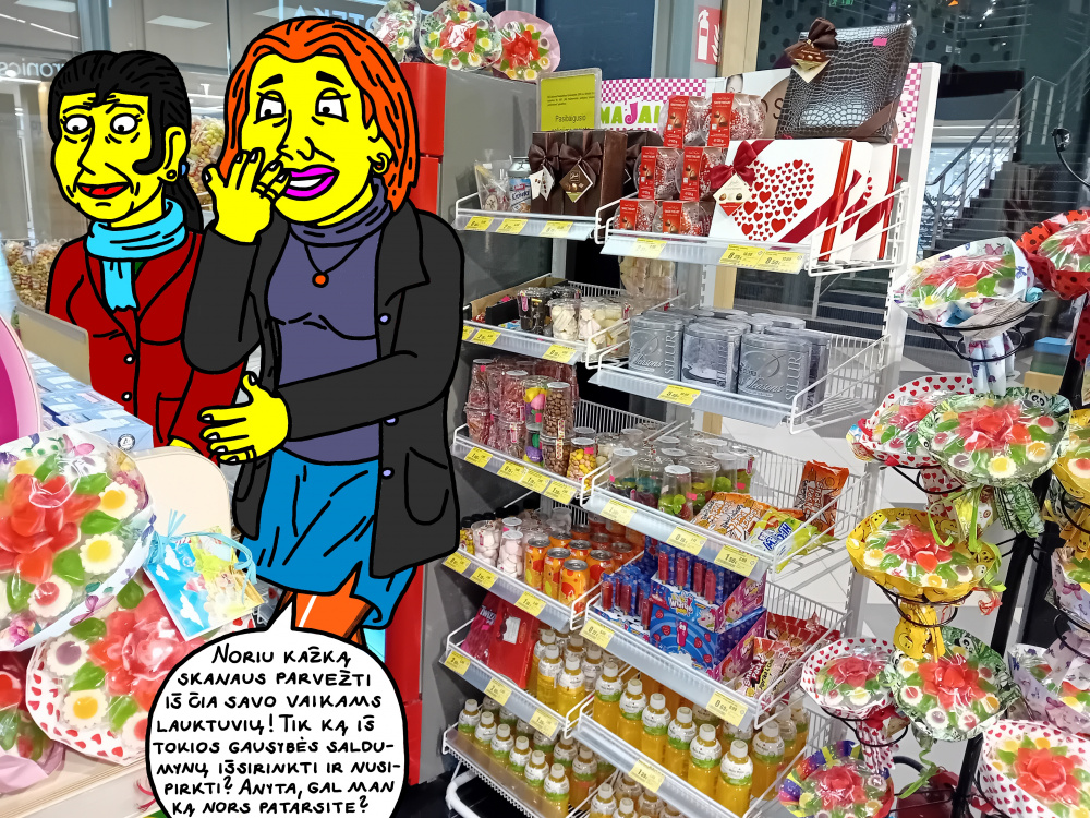Nycietės moterys Ksena ir Marijana dairosi po saldumynų krautuvėlę Panevėžyje
