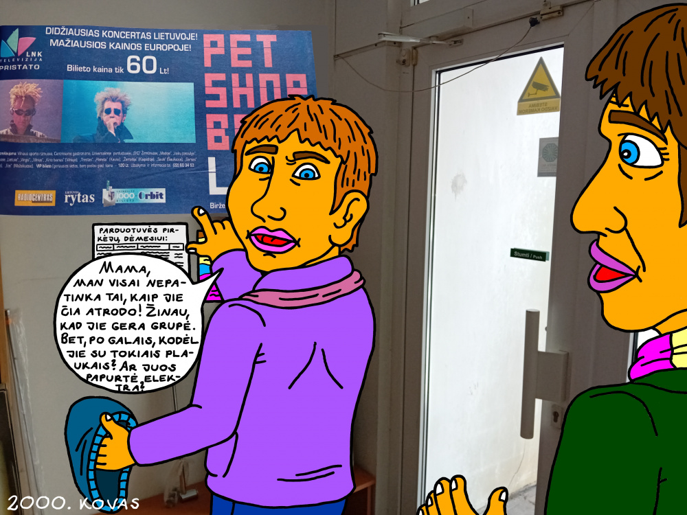 Prisiminimas apie "Pet shop boys" plakatą ant sienos "Vaizbūno" parduotuvės viduje, Kupiškyje