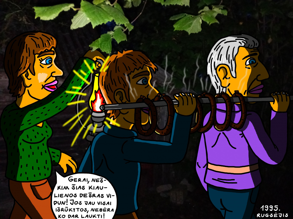 Prisiminimas apie rūkytų dešrų nešimą iš pirtelės tamsų rudens vakarą