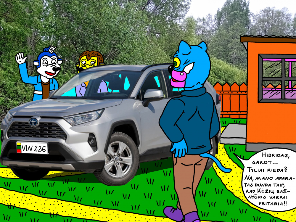 "Papyvesio" sodybos prižiūrėtojai parodo Batuotui Katinui savo loterijoje laimėtą ir parvarytą automobilį "Papyvesio" sodybos prižiūrėtojai parodo Batuotui Katinui savo loterijoje laimėtą ir parvarytą automobilį
