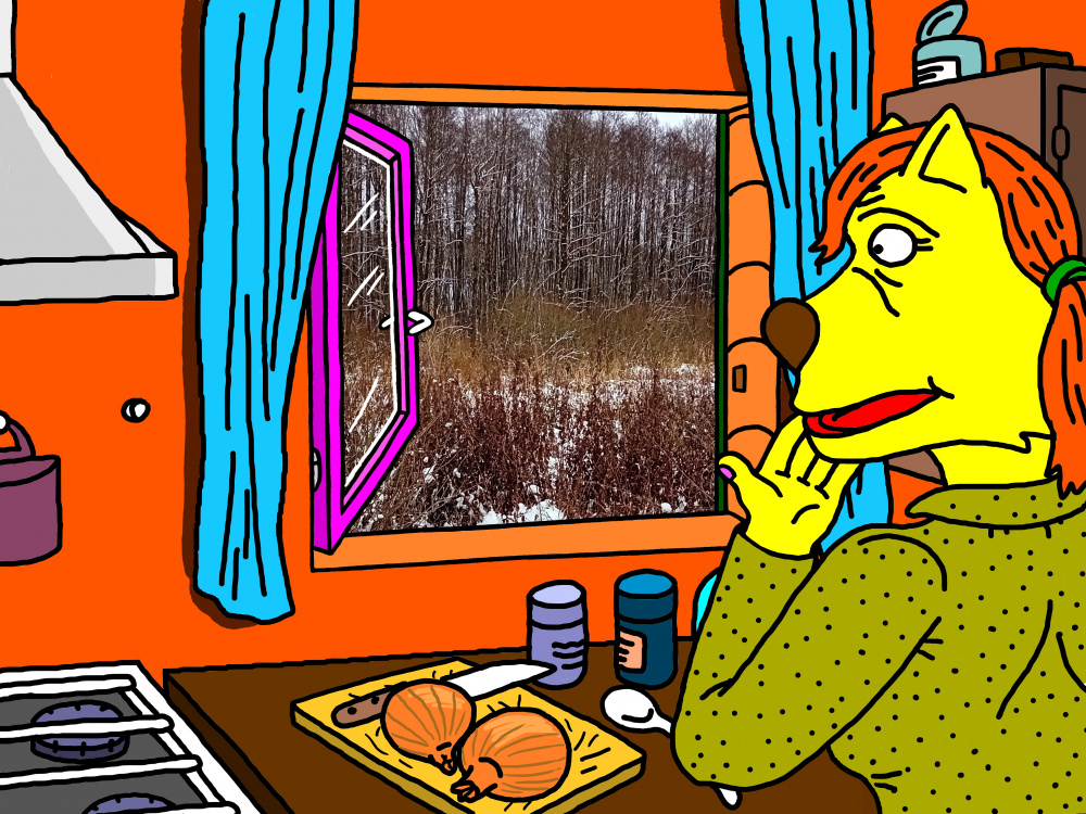 "Papyvesio" sodybos trobos viduje prižiūrėtoja Skirmantė žvelgia į lauką pro atvirą langą