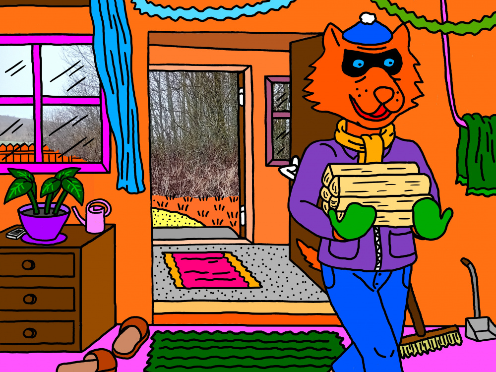 "Papyvesio" sodybos trobos virtuvėje Mėlynakis įžengia pro duris ir atneša malkų.