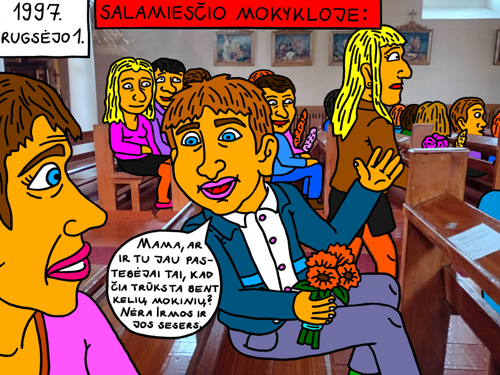 Senas, mokyklinis Salamiesčio prisiminimas apie bažnyčioje rugsėjo pirmąją pasigestus kelis mokinius