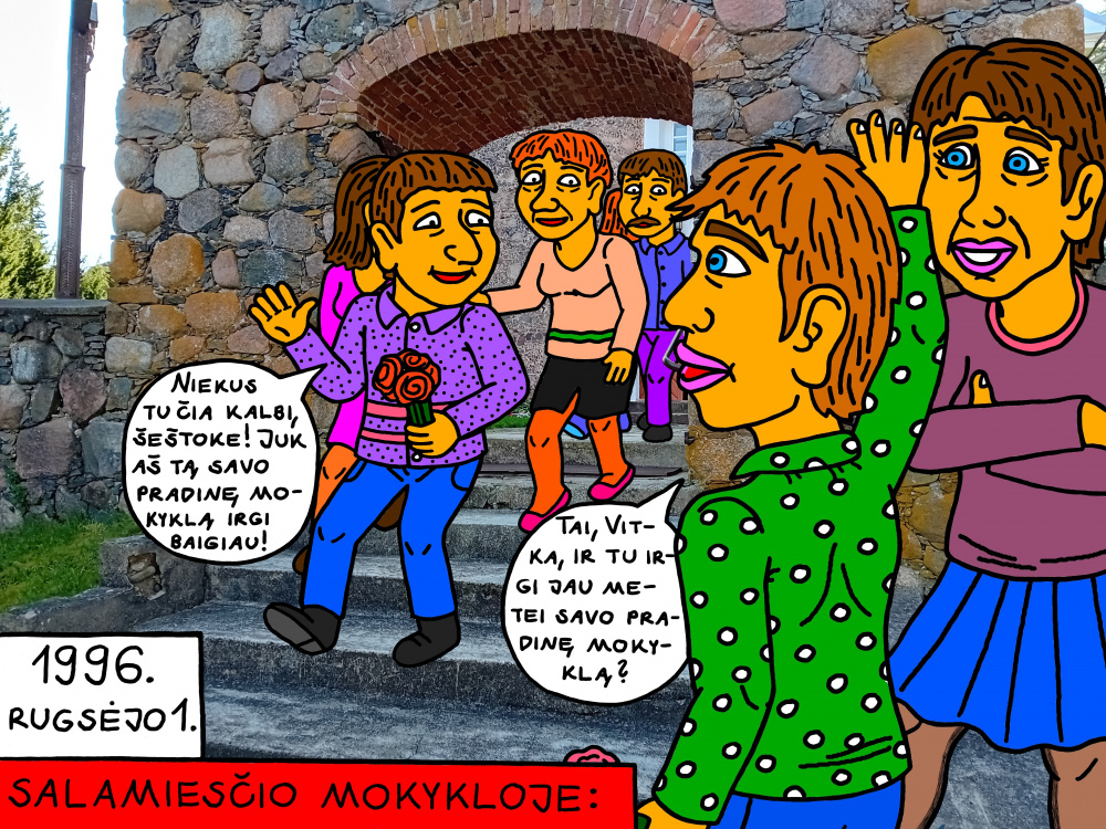 Senas, mokyklinis Salamiesčio prisiminimas apie rugsėjo pirmąją susitikimą su Vitka prie bažnyčios