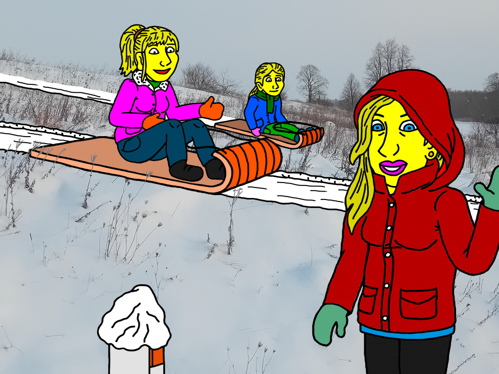 Seserys atvykusios čiuožinėja po Papyvesio slėnio šlaitą žemyn, su rogutėmis