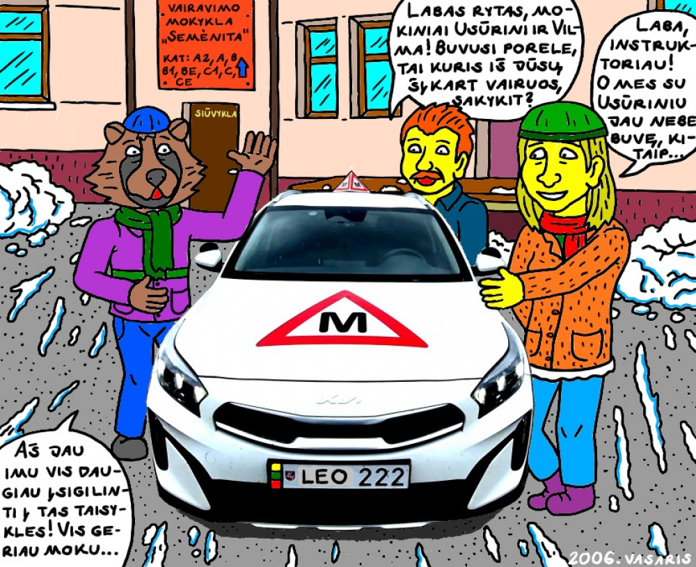 Vyriškis Usūrinis Kumštis ir jo vėl draugė Vilma mieste pradėjo kartu mokytis vairuoti automobilį