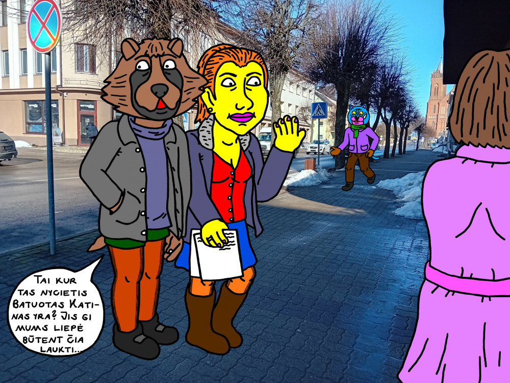 Vyriškis Usūrinis Kumštis su žmona atėjo mieste susitikti su nyciečiu Batuotu Katinu, dėl savo darbo reikalų